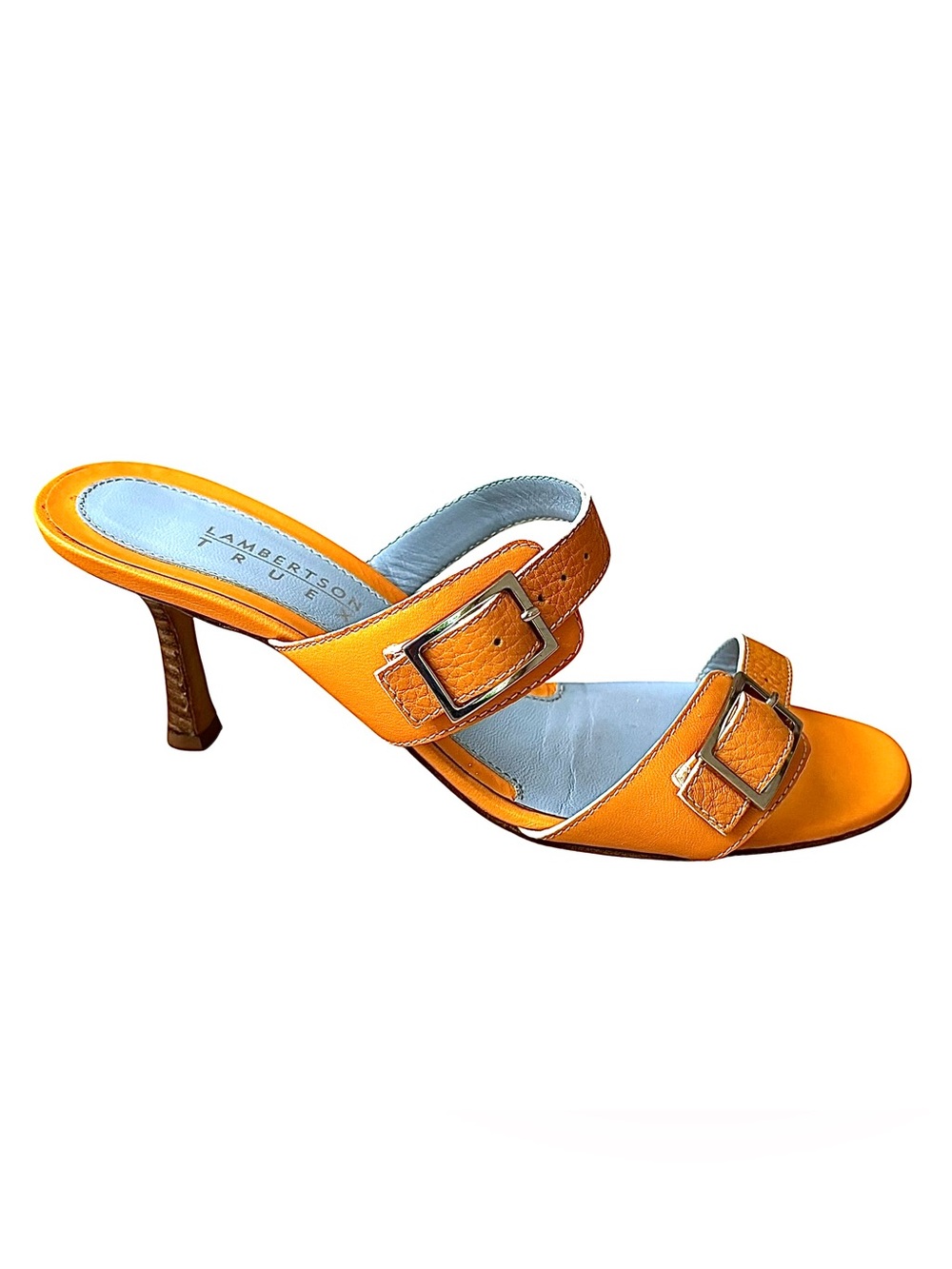 LAMBERTSON TRUEX Marigold Leather Heeled Sandals w/ Buckles - Picture 9 of 16